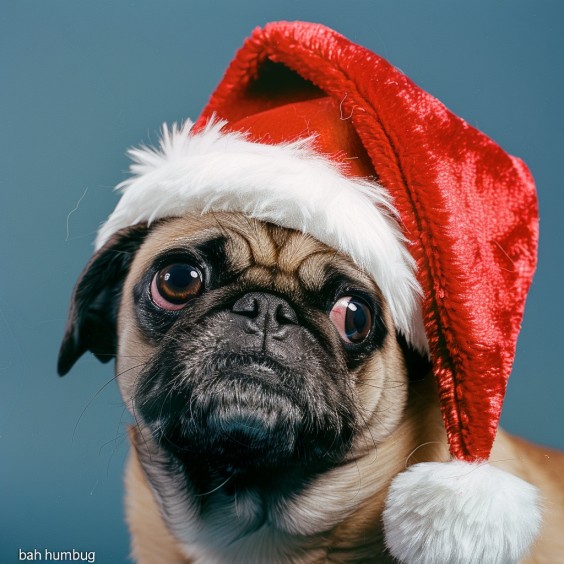 bahhumbug pug with Christmas Hat